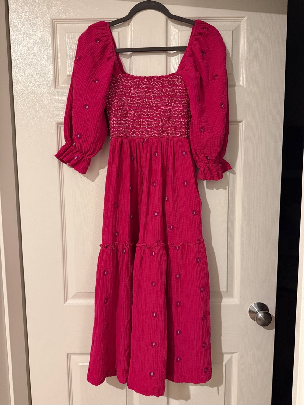 Free People Hot Pink Smocked Midi Dress with Puff Sleeves